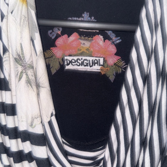 Desigual Black and White Striped Midi Dress with Floral Design - Picture 3 of 6